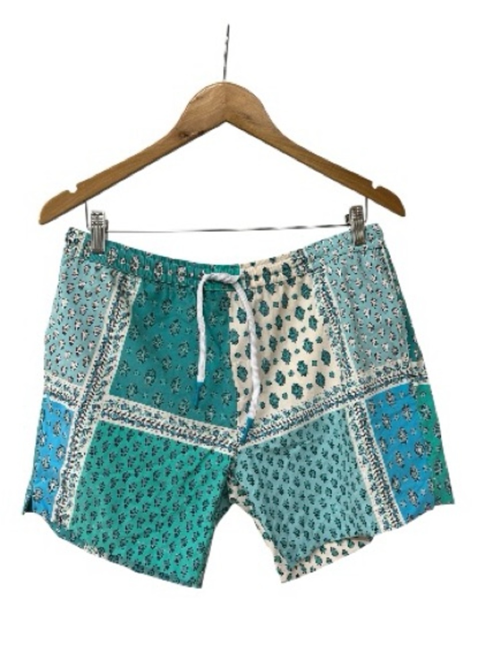 NWT SOULEIADO Patchwork Print Shorts Ecru Turquoise Marin Swim Trunks M - Picture 3 of 6